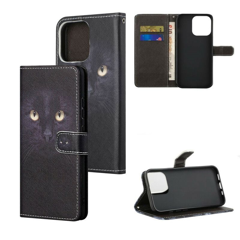 Folio Deksel iPhone 13 Black Strappy Cat Eyes Beskyttelse Deksel