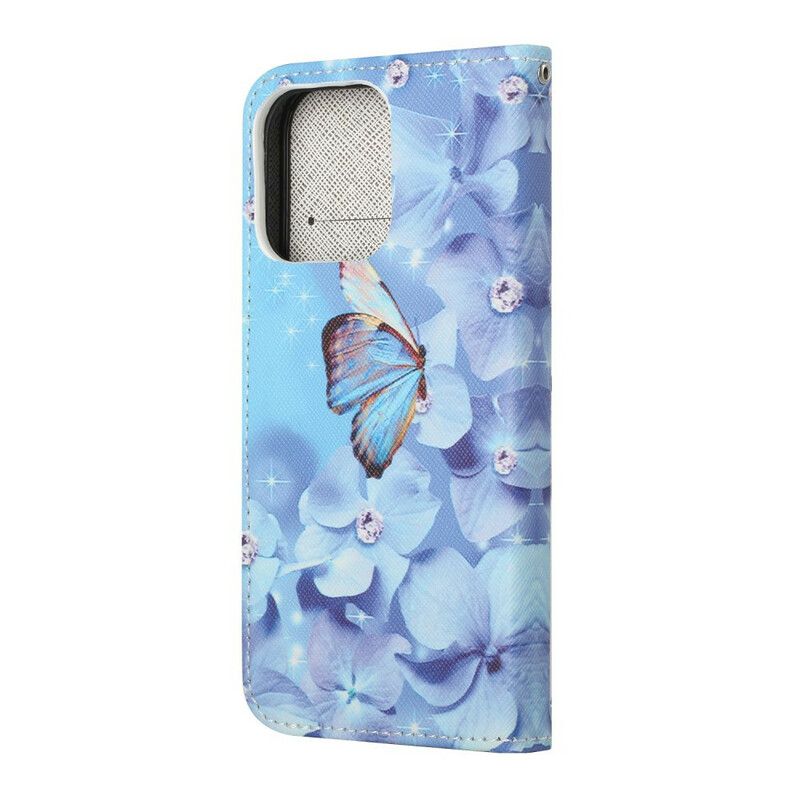 Folio Deksel iPhone 13 Diamond Strappy Butterflies