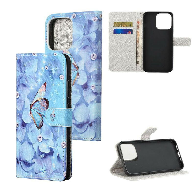 Folio Deksel iPhone 13 Diamond Strappy Butterflies