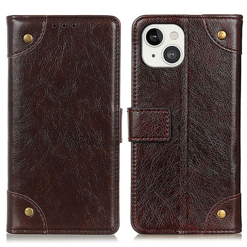 Folio Deksel iPhone 13 Style Nappa Leather Vintage Nagler Beskyttelse Deksel