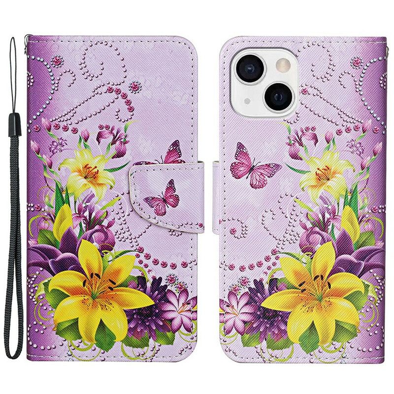 Folio Deksel Til iPhone 13 Mesterlige Blomster Med Stropp