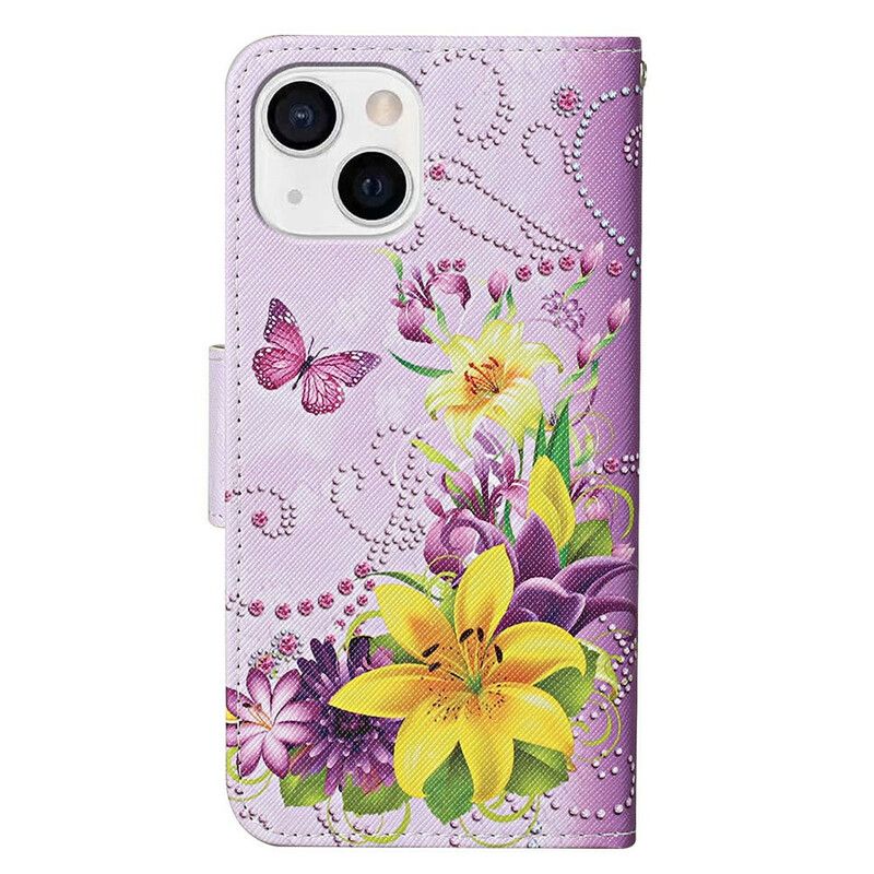 Folio Deksel Til iPhone 13 Mesterlige Blomster Med Stropp