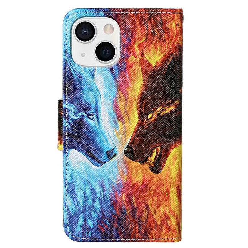 Folio Deksel Til iPhone 13 Wolf War With Lanyard