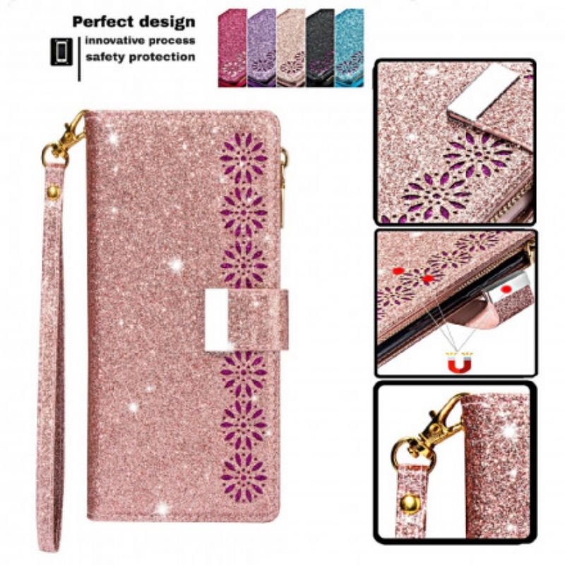 Lærdeksel Folio Deksel iPhone 13 Mobildeksel Sequins Zip Lommebok