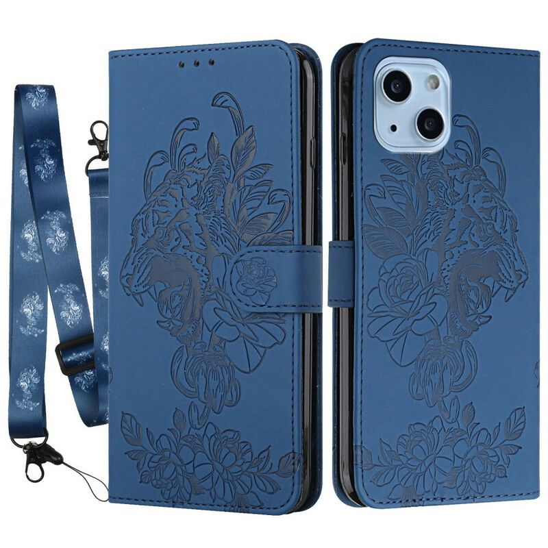 Lærdeksel Folio Deksel iPhone 13 Mobildeksel Tiger Baroque Strap