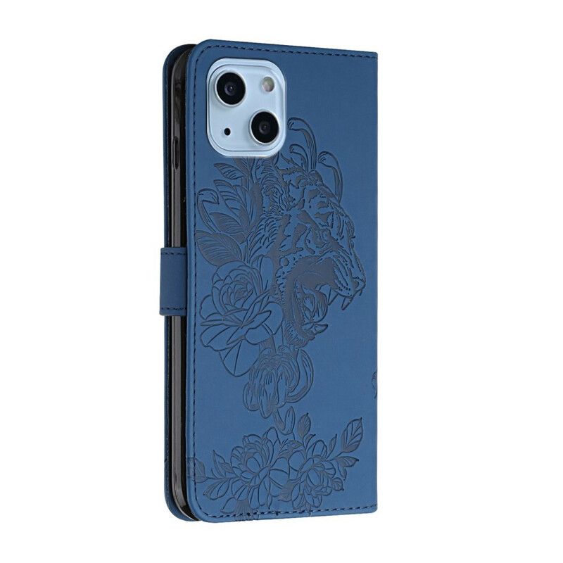 Lærdeksel Folio Deksel iPhone 13 Mobildeksel Tiger Baroque Strap