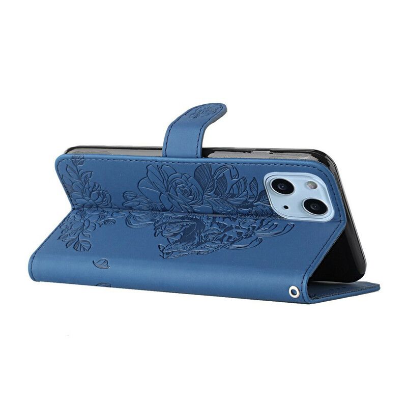 Lærdeksel Folio Deksel iPhone 13 Mobildeksel Tiger Baroque Strap