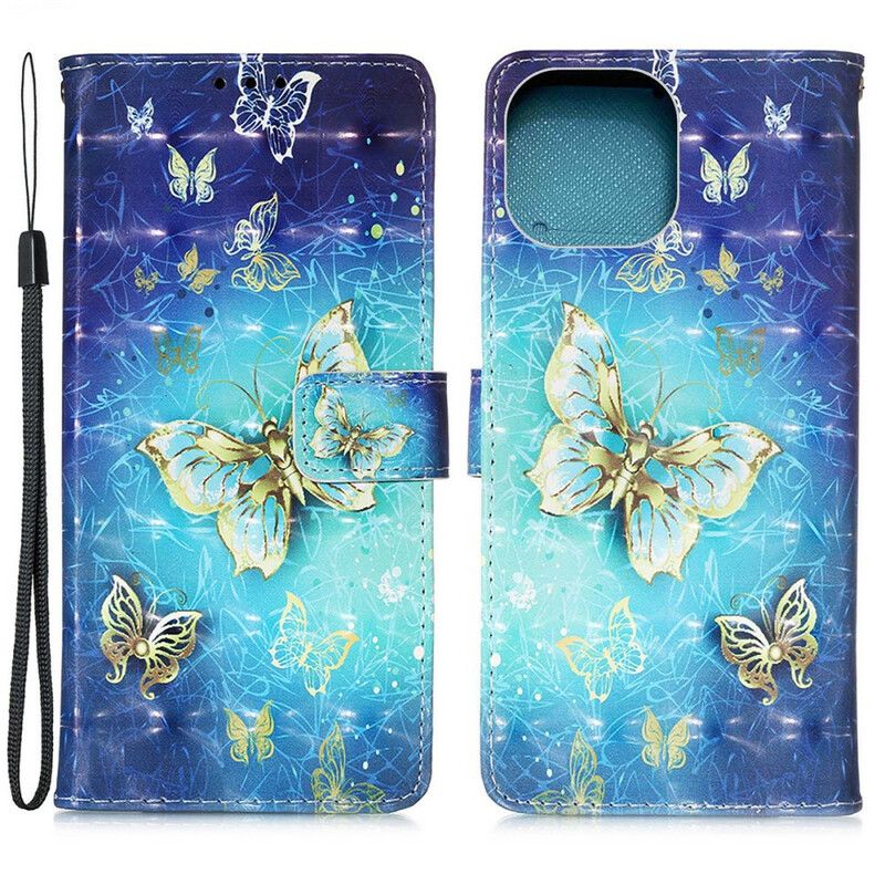 Folio Deksel iPhone 13 Pro Max Gold Butterflies Lanyard