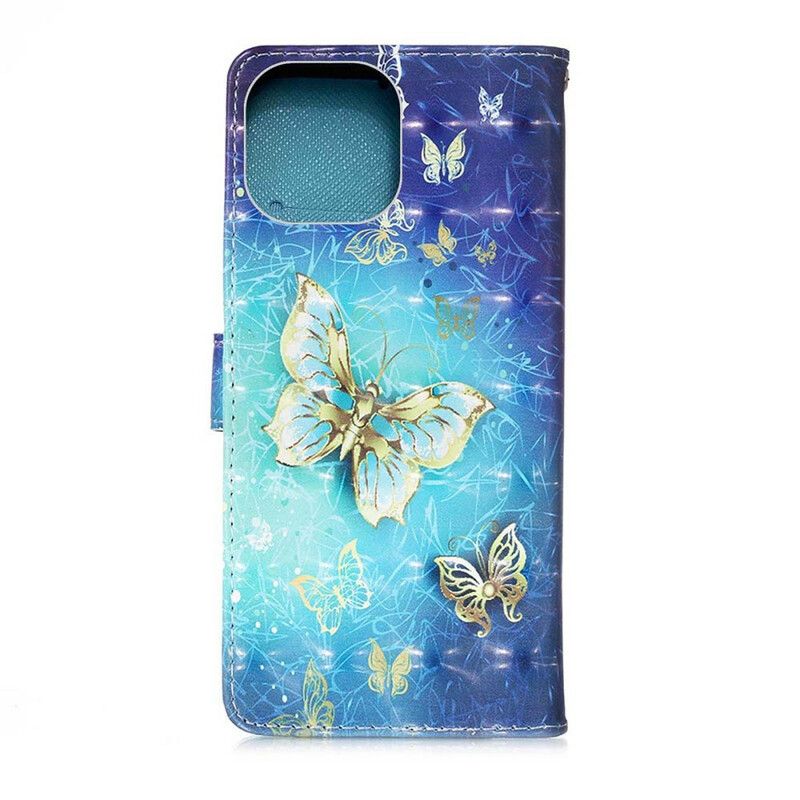 Folio Deksel iPhone 13 Pro Max Gold Butterflies Lanyard