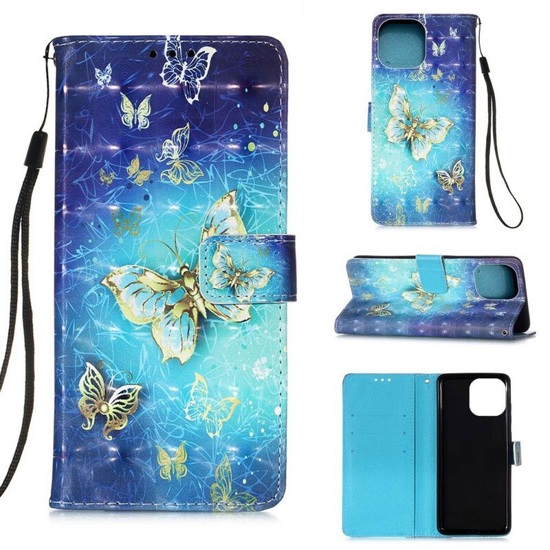 Folio Deksel iPhone 13 Pro Max Gold Butterflies Lanyard