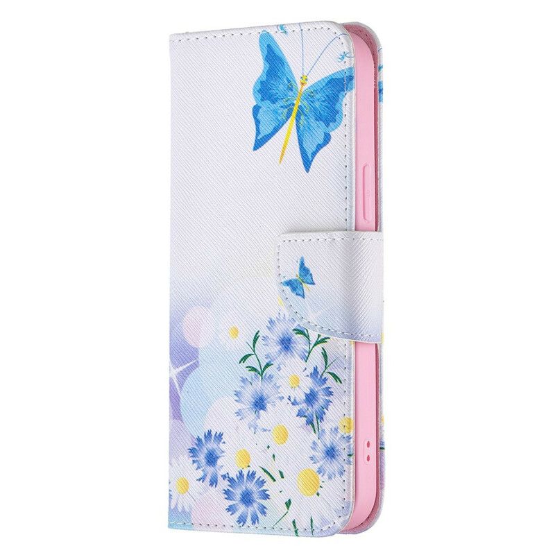 Folio Deksel iPhone 13 Pro Max Malte Sommerfugler Og Blomster