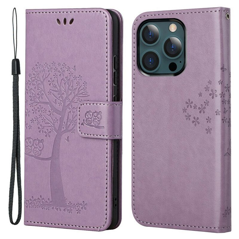 Folio Deksel iPhone 13 Pro Max Tree Og Strappy Owls Beskyttelse Deksel