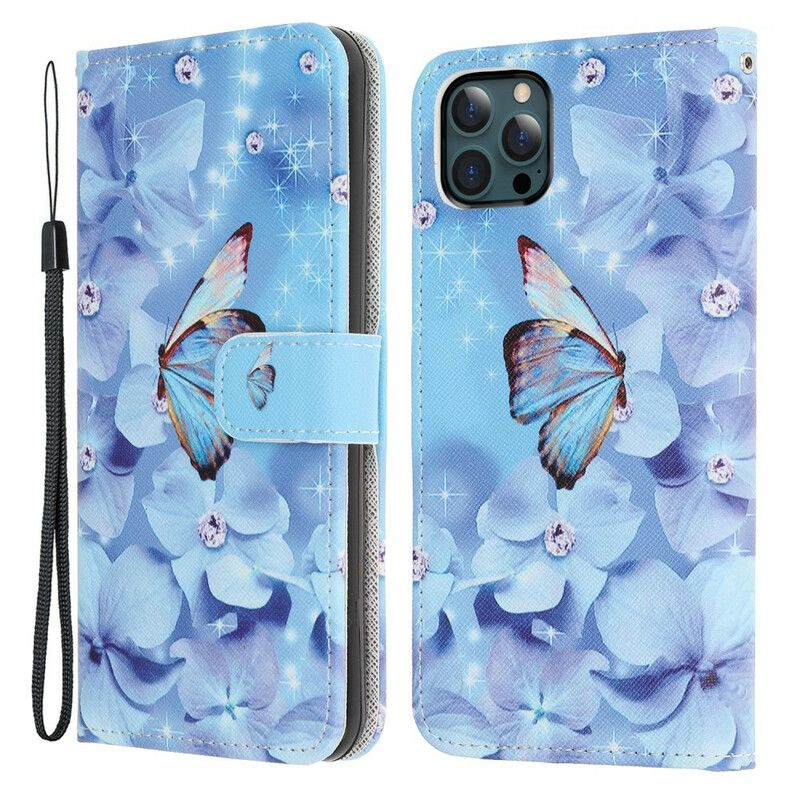 Folio Deksel Til iPhone 13 Pro Max Diamond Strappy Butterflies