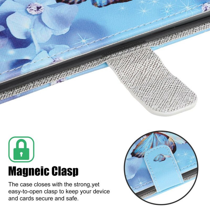 Folio Deksel Til iPhone 13 Pro Max Diamond Strappy Butterflies