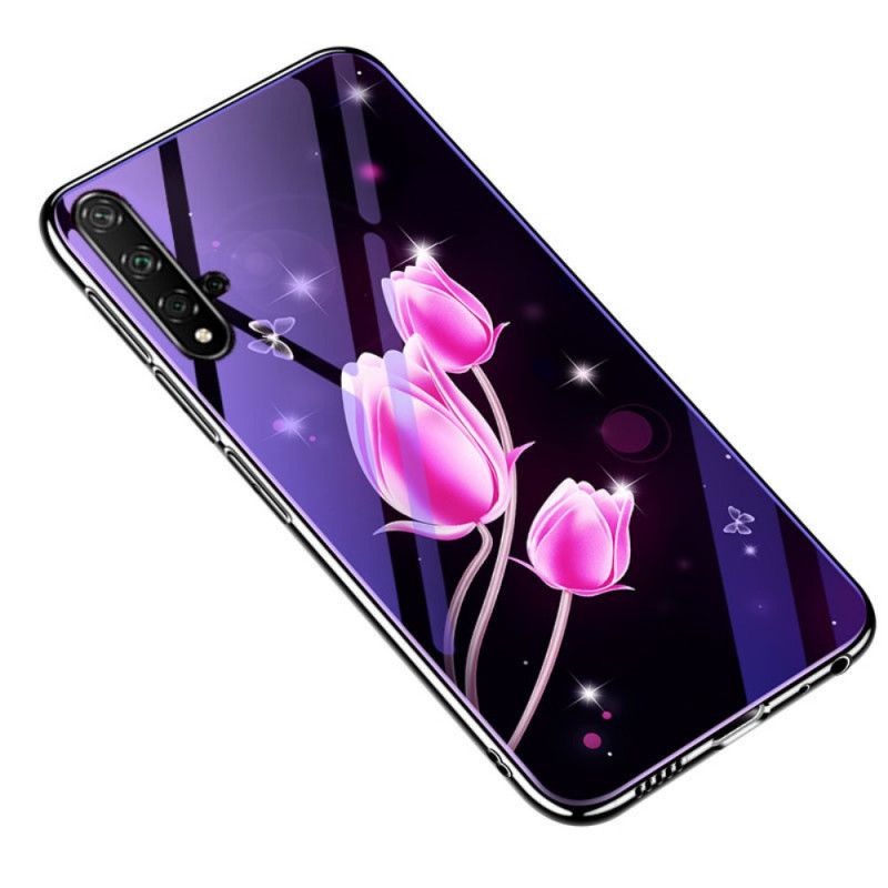 Deksel Huawei Nova 5T Magenta Herdet Glass Og Blomstersilikon