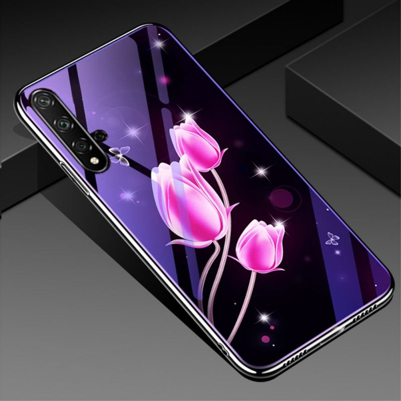 Deksel Huawei Nova 5T Magenta Herdet Glass Og Blomstersilikon