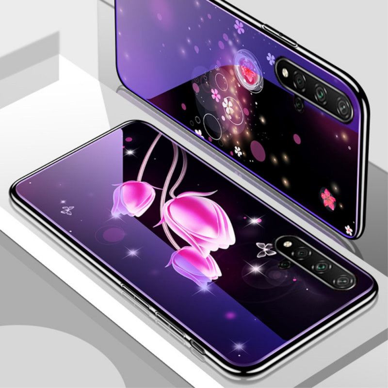 Deksel Huawei Nova 5T Magenta Herdet Glass Og Blomstersilikon