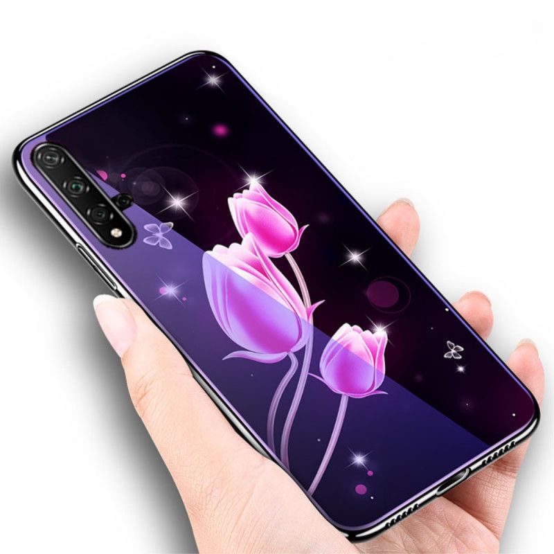 Deksel Huawei Nova 5T Magenta Herdet Glass Og Blomstersilikon