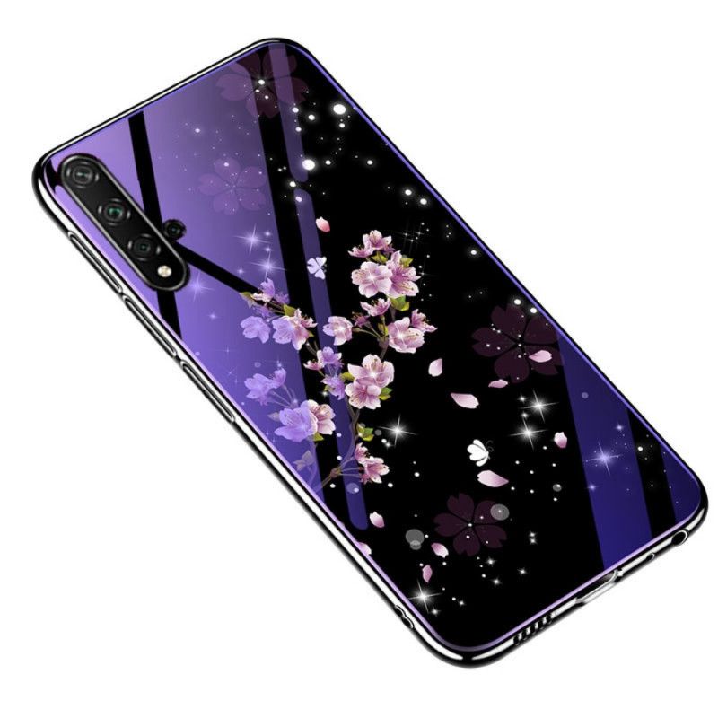 Deksel Huawei Nova 5T Magenta Herdet Glass Og Blomstersilikon