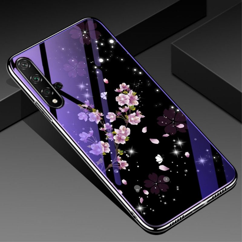 Deksel Huawei Nova 5T Magenta Herdet Glass Og Blomstersilikon