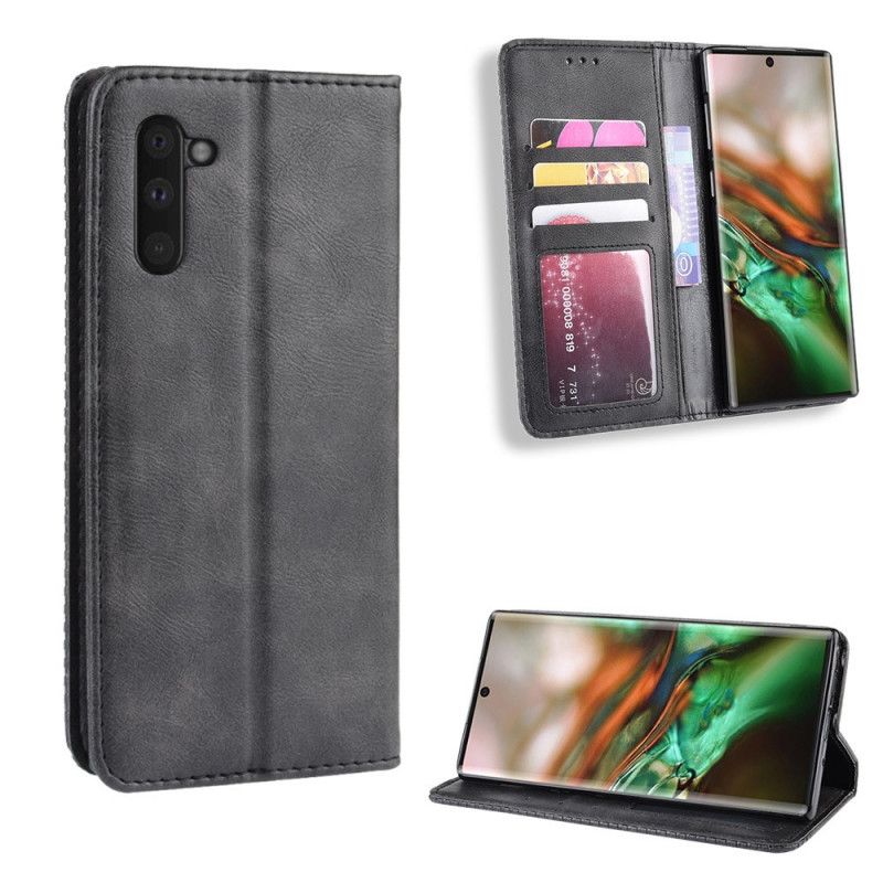 Folio Deksel Samsung Galaxy Note 10 Svart Stilisert Vintage-Skinneffekt