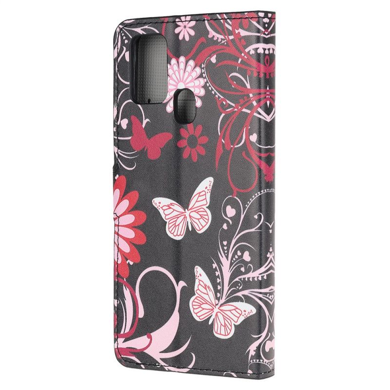 Folio Deksel Samsung Galaxy M31 Svart Sommerfugler Og Blomster