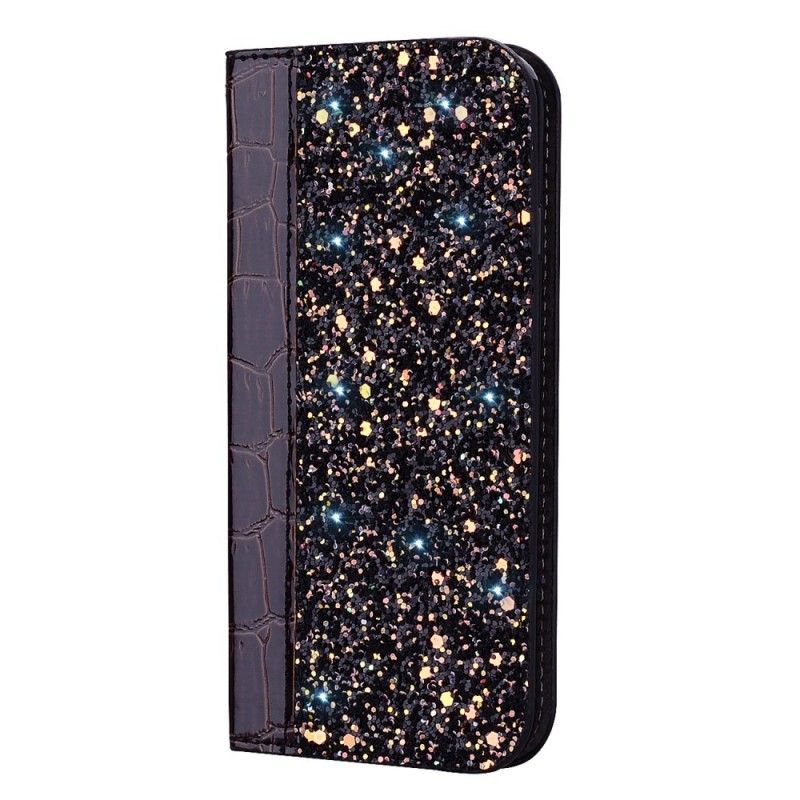 Folio Deksel Samsung Galaxy A7 Svart Mobildeksel Krokodillehud Og Glittereffekt