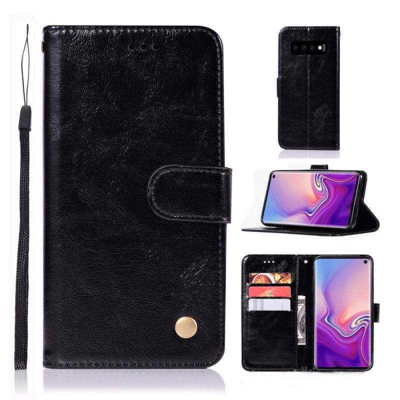 Folio Deksel Samsung Galaxy S10 Svart Vintage Skinneffekt Med Stropp