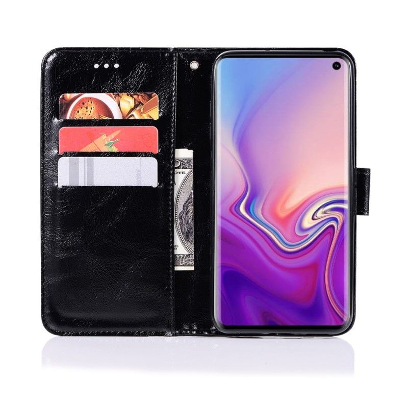 Folio Deksel Samsung Galaxy S10 Svart Vintage Skinneffekt Med Stropp