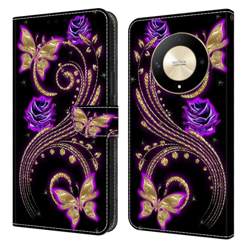 Lærdeksel Folio Deksel Honor X9b / Magic 6 Lite Mobildeksel Lilla Blomster Og Sommerfugler