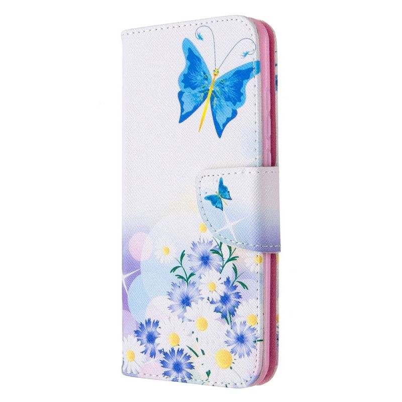 Lærdeksel Folio Deksel Huawei P Smart 2020 Magenta Malte Sommerfugler Og Blomster