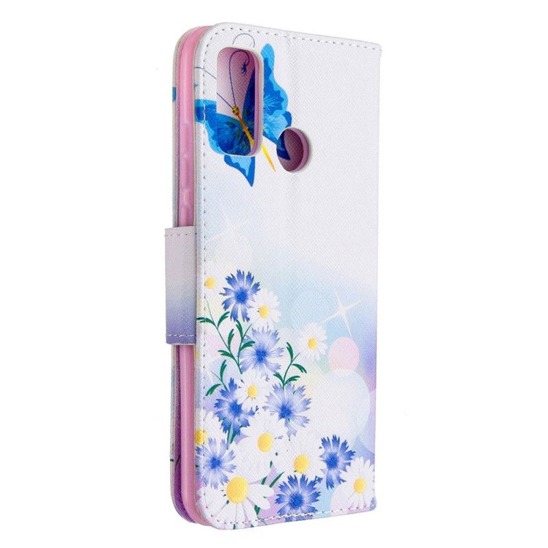 Lærdeksel Folio Deksel Huawei P Smart 2020 Magenta Malte Sommerfugler Og Blomster