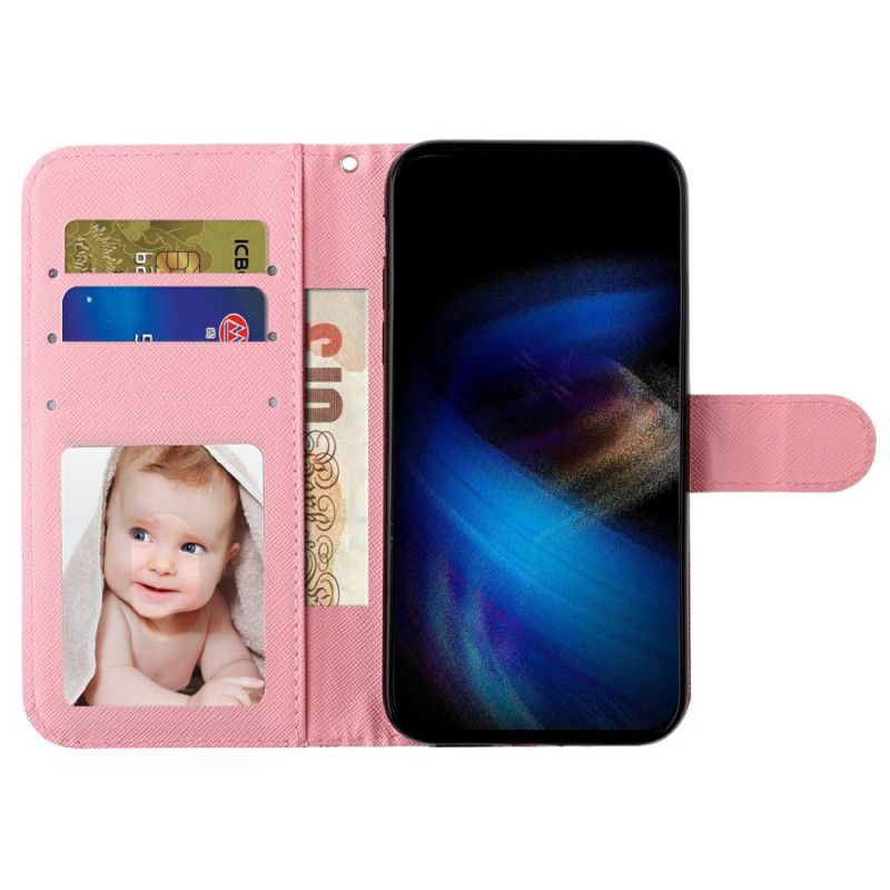 Folio Deksel Xiaomi 14t Rosa Blomster Med Stropp