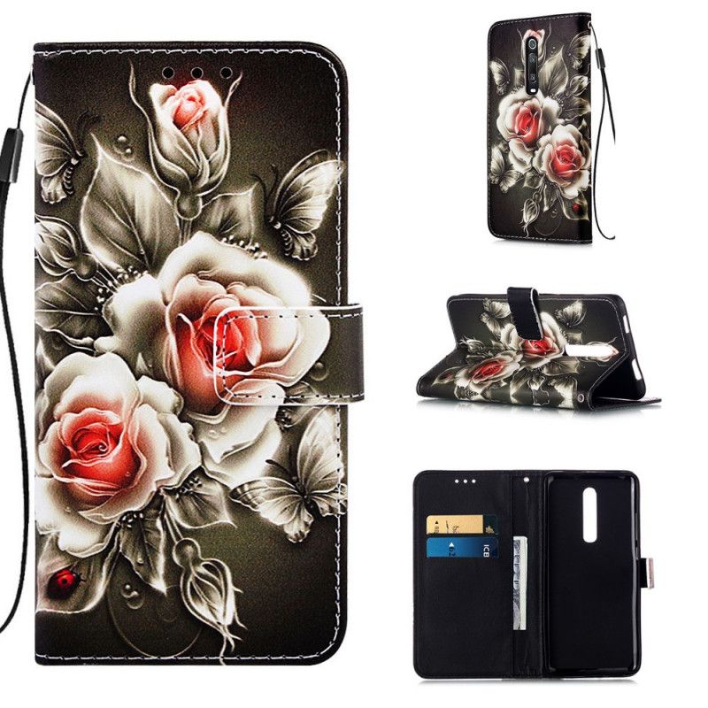 Folio Deksel for Xiaomi Mi 9T / Mi 9T Pro Svart Rose Med Stropp