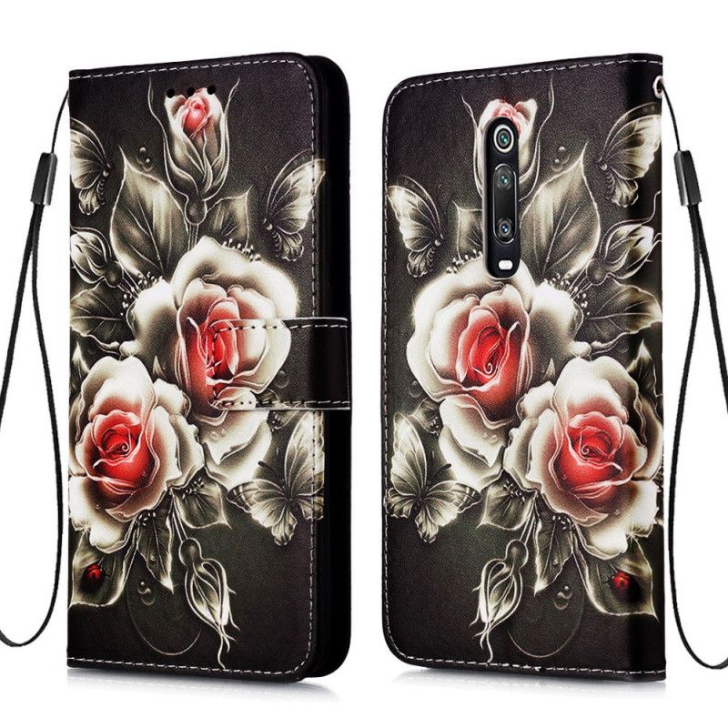 Folio Deksel for Xiaomi Mi 9T / Mi 9T Pro Svart Rose Med Stropp