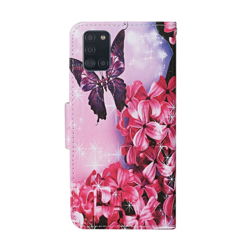 Folio Deksel Samsung Galaxy A31 Magenta Thong Blomster Sommerfugler Beskyttelse