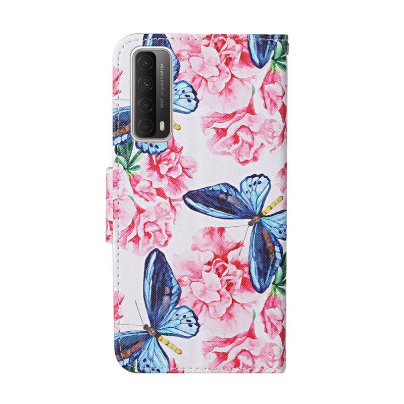 Folio Deksel Huawei P Smart 2021 Magenta Thong Floral Sommerfugler