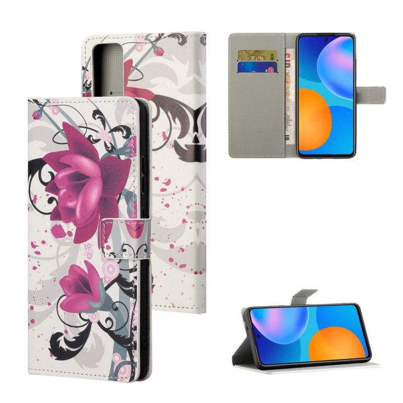 Folio Deksel Huawei P Smart 2021 Magenta Tropiske Blomster