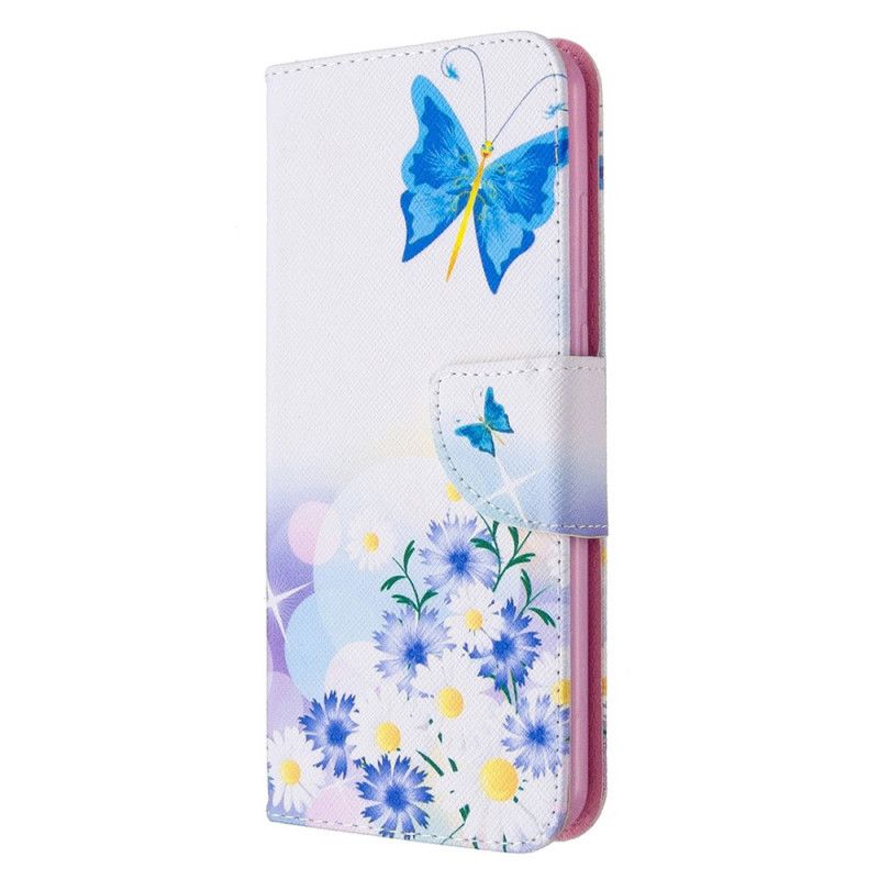 Lærdeksel Folio Deksel Huawei Y6p Magenta Malte Sommerfugler Og Blomster