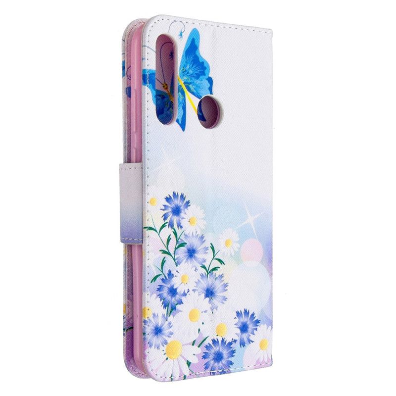 Lærdeksel Folio Deksel Huawei Y6p Magenta Malte Sommerfugler Og Blomster