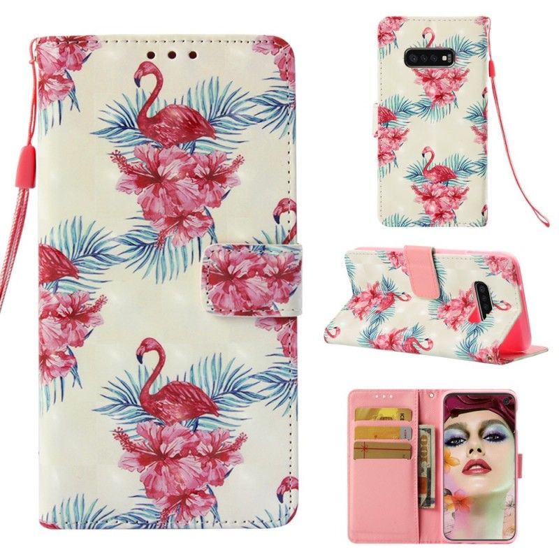 Folio Deksel for Samsung Galaxy S10e Hvit Flere Flamingoer