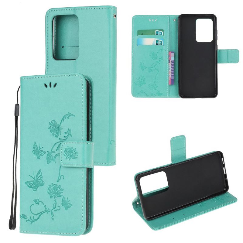 Lærdeksel Folio Deksel Samsung Galaxy Note 20 Ultra Svart Sommerfugler Og Tanga Blomster