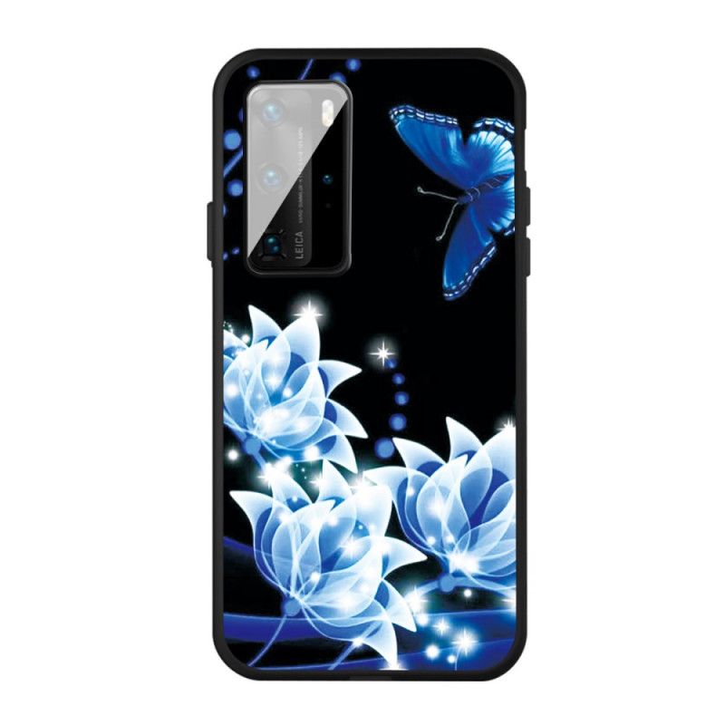 Deksel Huawei P40 Sommerfugl Og Blå Blomster Beskyttelse