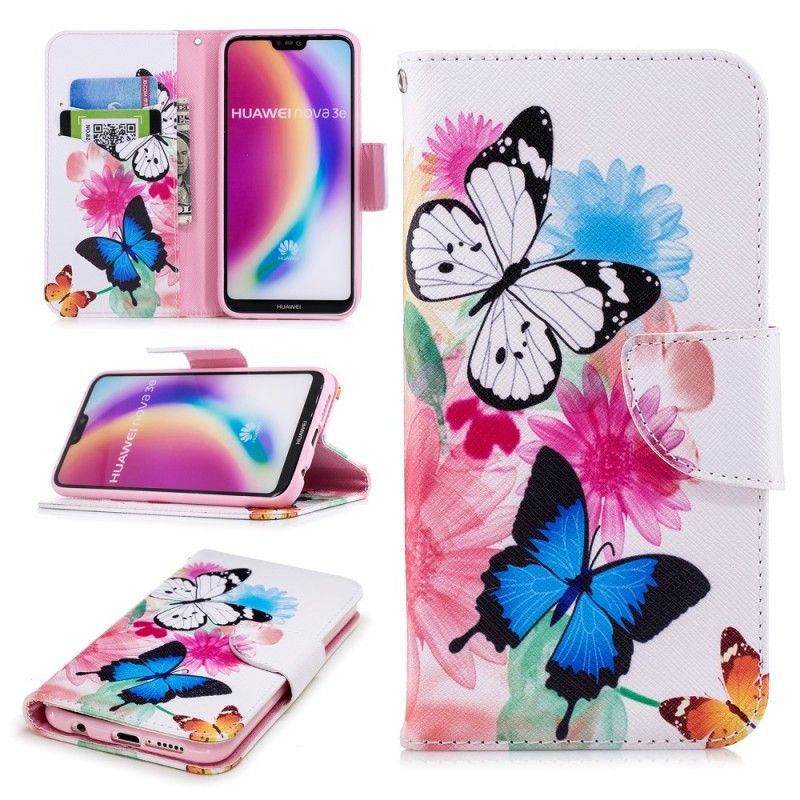 Folio Deksel for Huawei P20 Lite Rosa Malte Sommerfugler Og Blomster