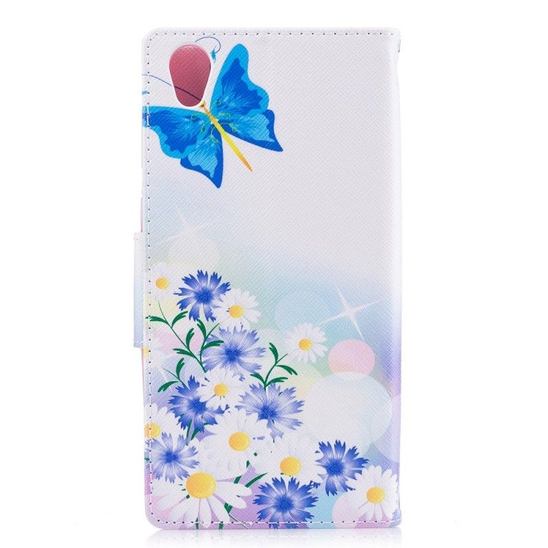 Lærdeksel Folio Deksel Sony Xperia L1 Rosa Mobildeksel Malte Sommerfugler Og Blomster