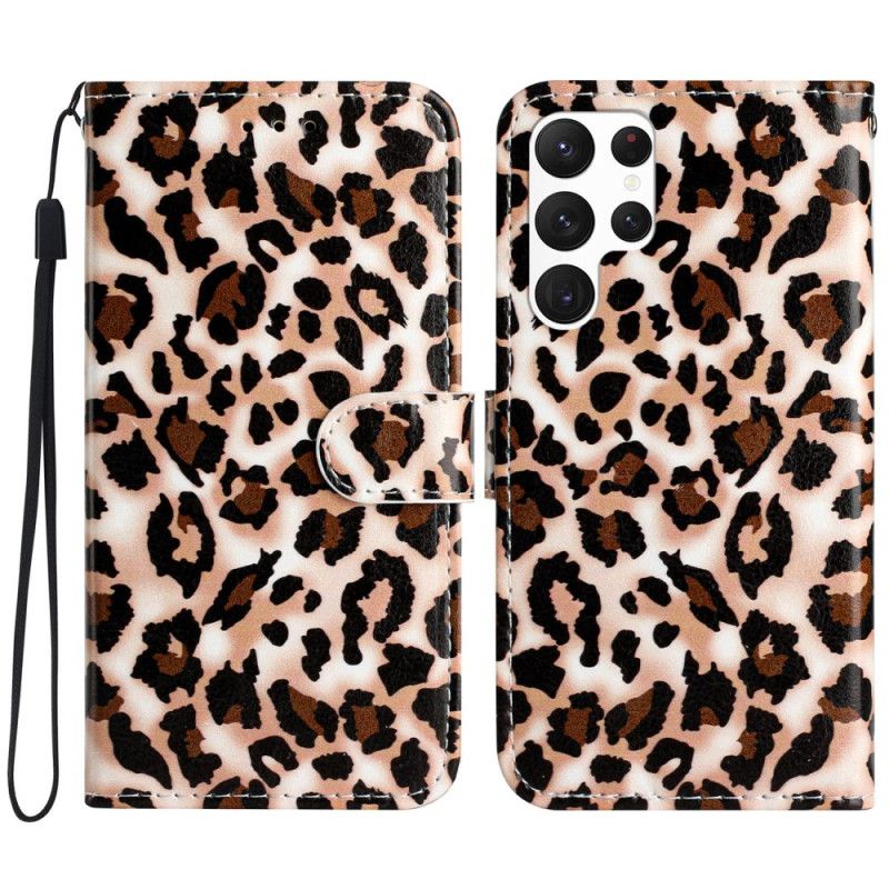 Folio Deksel Samsung Galaxy S24 Ultra 5g Strappy Med Leopardtrykk