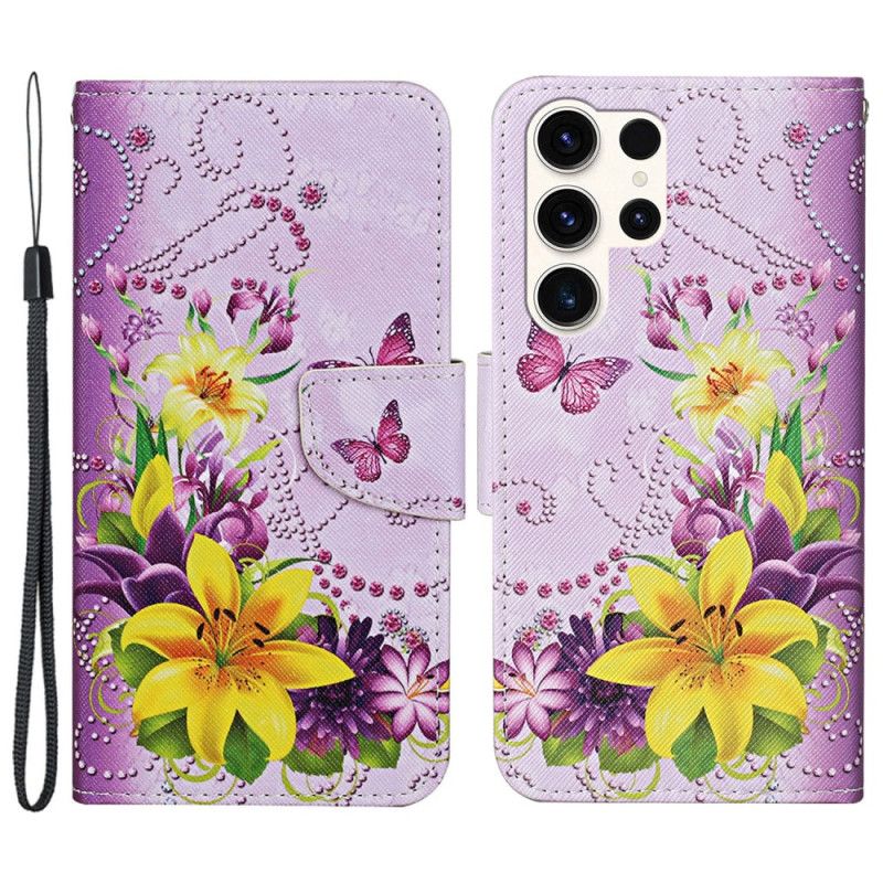 Folio Deksel Til Samsung Galaxy S24 Ultra 5g Gule Blomster Og Sommerfugler Med Stropp