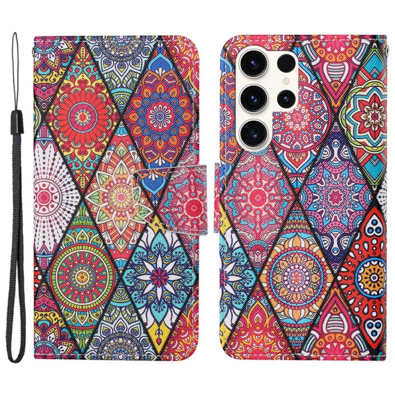 Folio Deksel Til Samsung Galaxy S24 Ultra 5g Patchwork Med Stropp