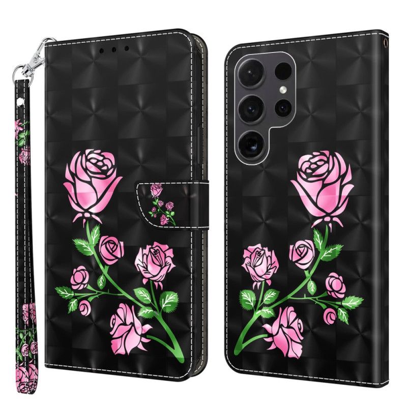 Lærdeksel Folio Deksel Samsung Galaxy S24 Ultra 5g Roseblomster Med Stropp