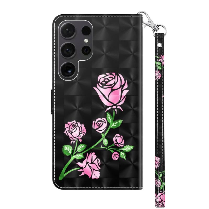 Lærdeksel Folio Deksel Samsung Galaxy S24 Ultra 5g Roseblomster Med Stropp